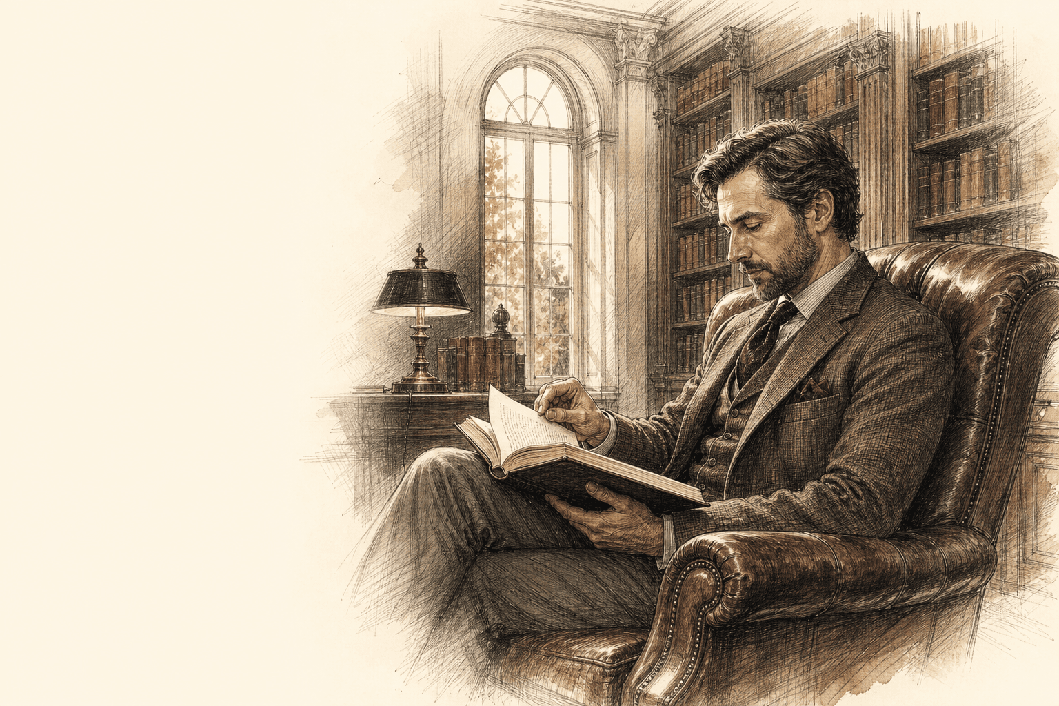 A man turning a page while seated in a reading chair in a grand library